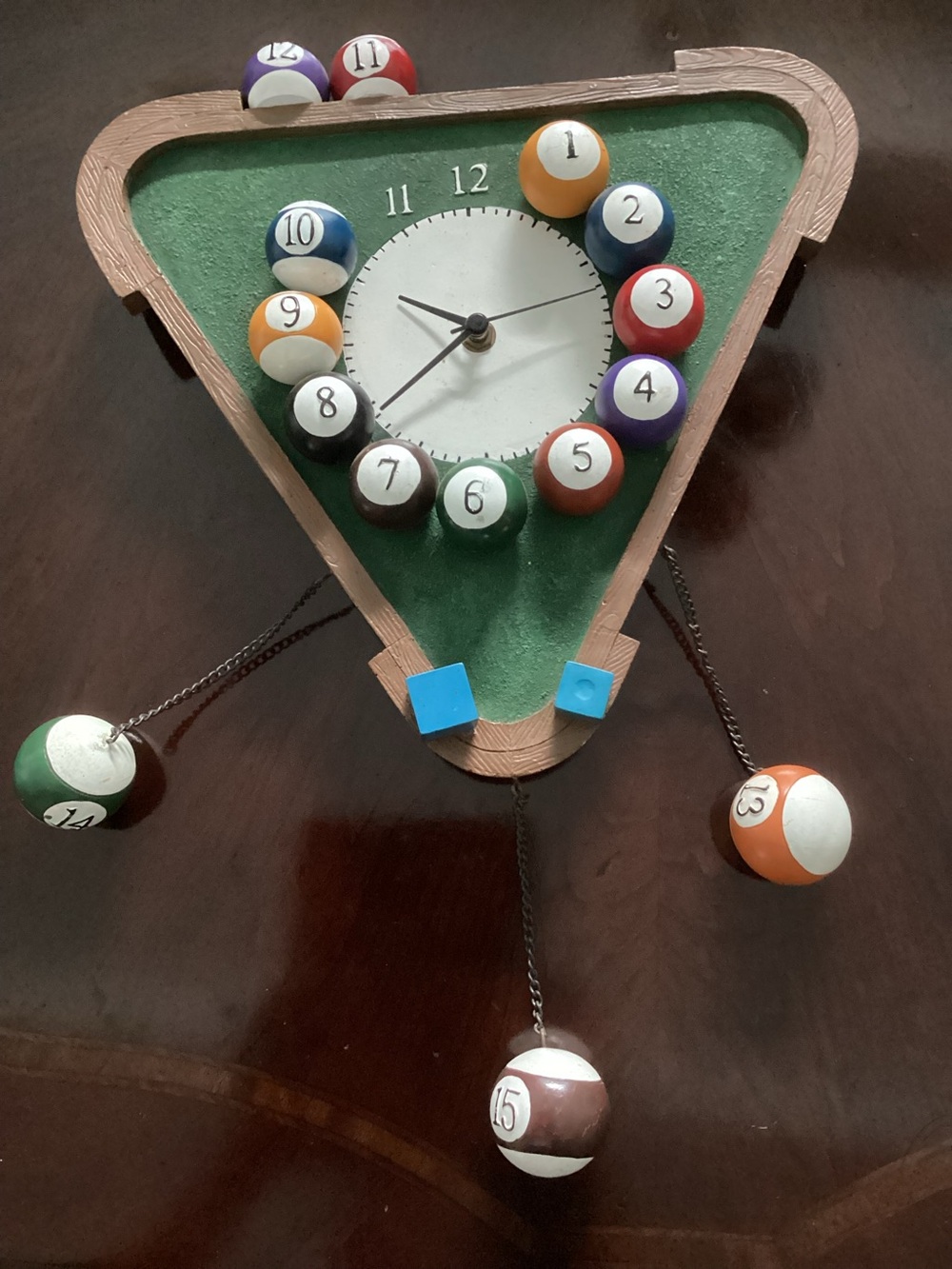Billiards Triangle Wall Clock in Green and Brown with Multicolor Balls